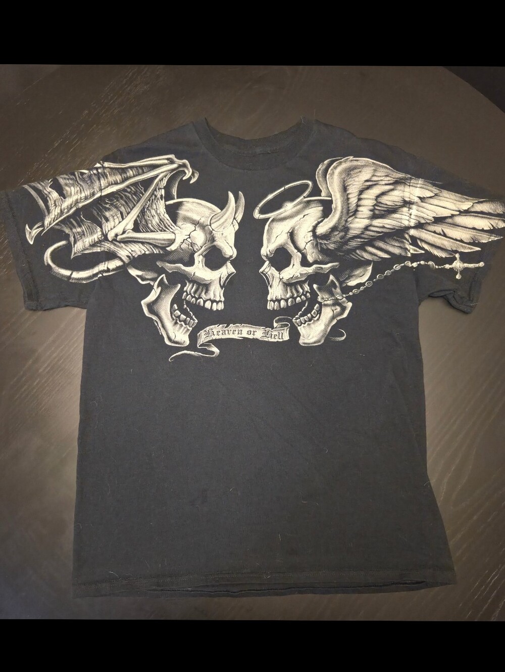 Liquid Blue Black Tee | Angel & Devil Heaven or Hell Graphic | Size M